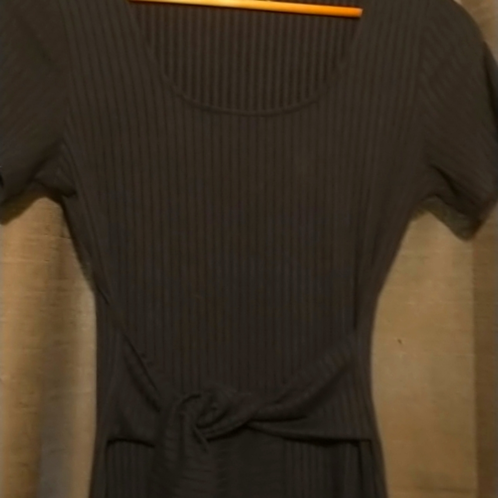 Navy blue knit ribbed dress with sash.